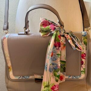 Betsey Johnson Leather Taupe Satchel with Floral Scarf Accent
